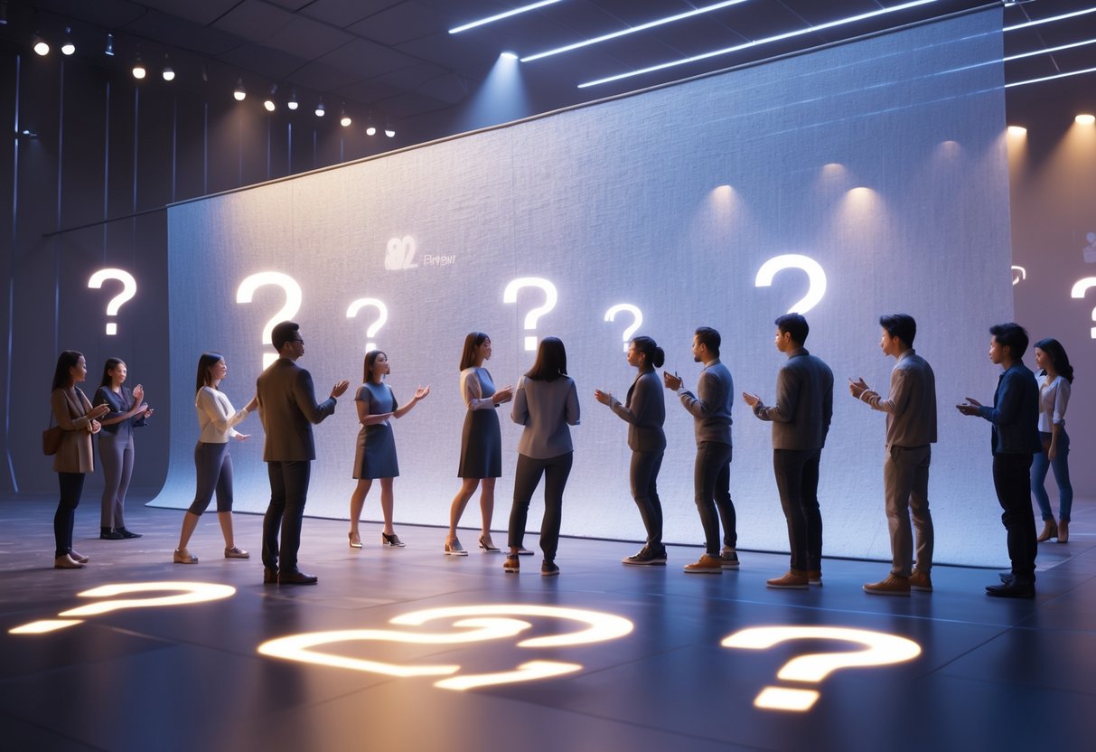 A 3D scene showing a translucent scrim fabric on a stage with diverse people gathered around, engaging in discussion and surrounded by glowing question mark shapes and cultural symbols.