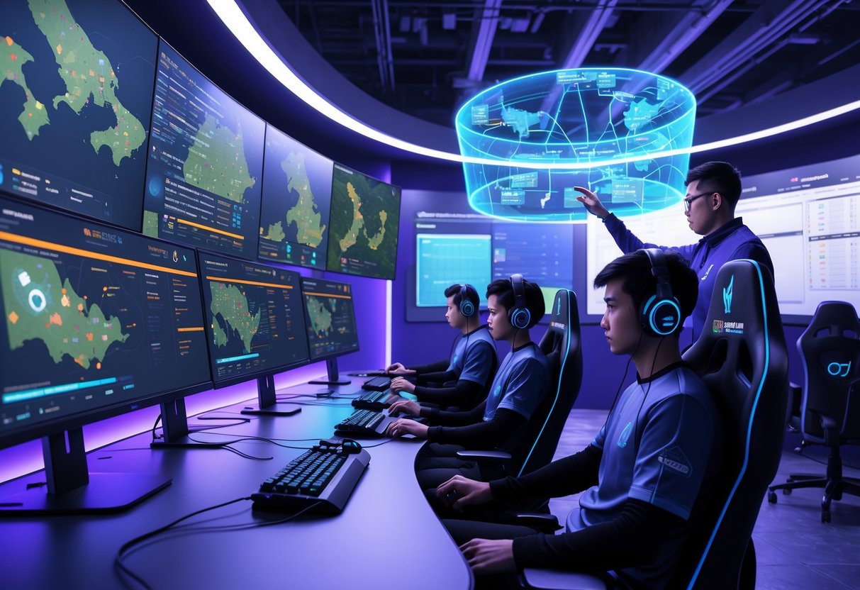 A group of esports players and a coach in a high-tech gaming room analysing a 3D holographic game map with multiple monitors and gaming equipment around them.