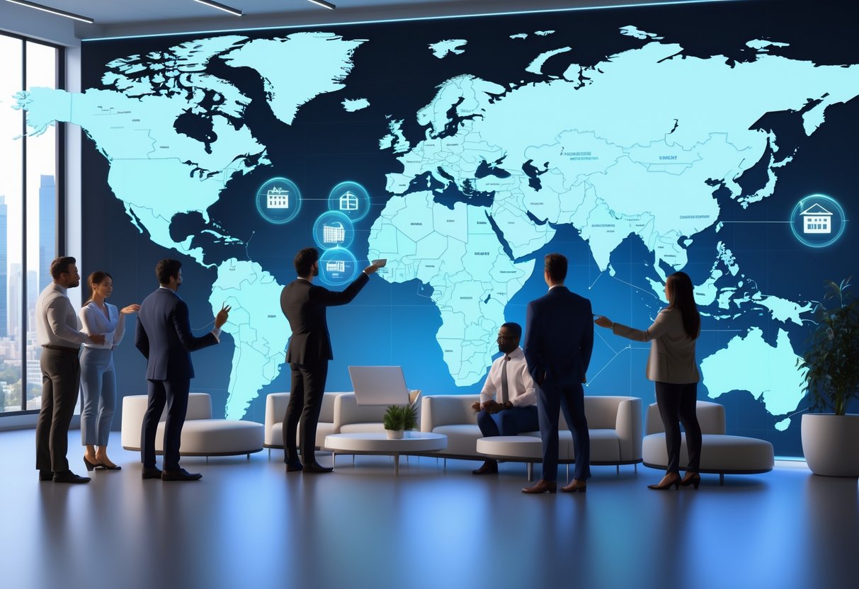 A team of people working together around a large digital map showing different locations and icons representing employee benefits linked to each area.