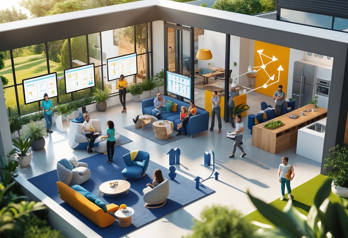 A 3D scene of a team house showing people working, relaxing, and socialising in a bright, spacious living and working space with plants and outdoor garden visible.