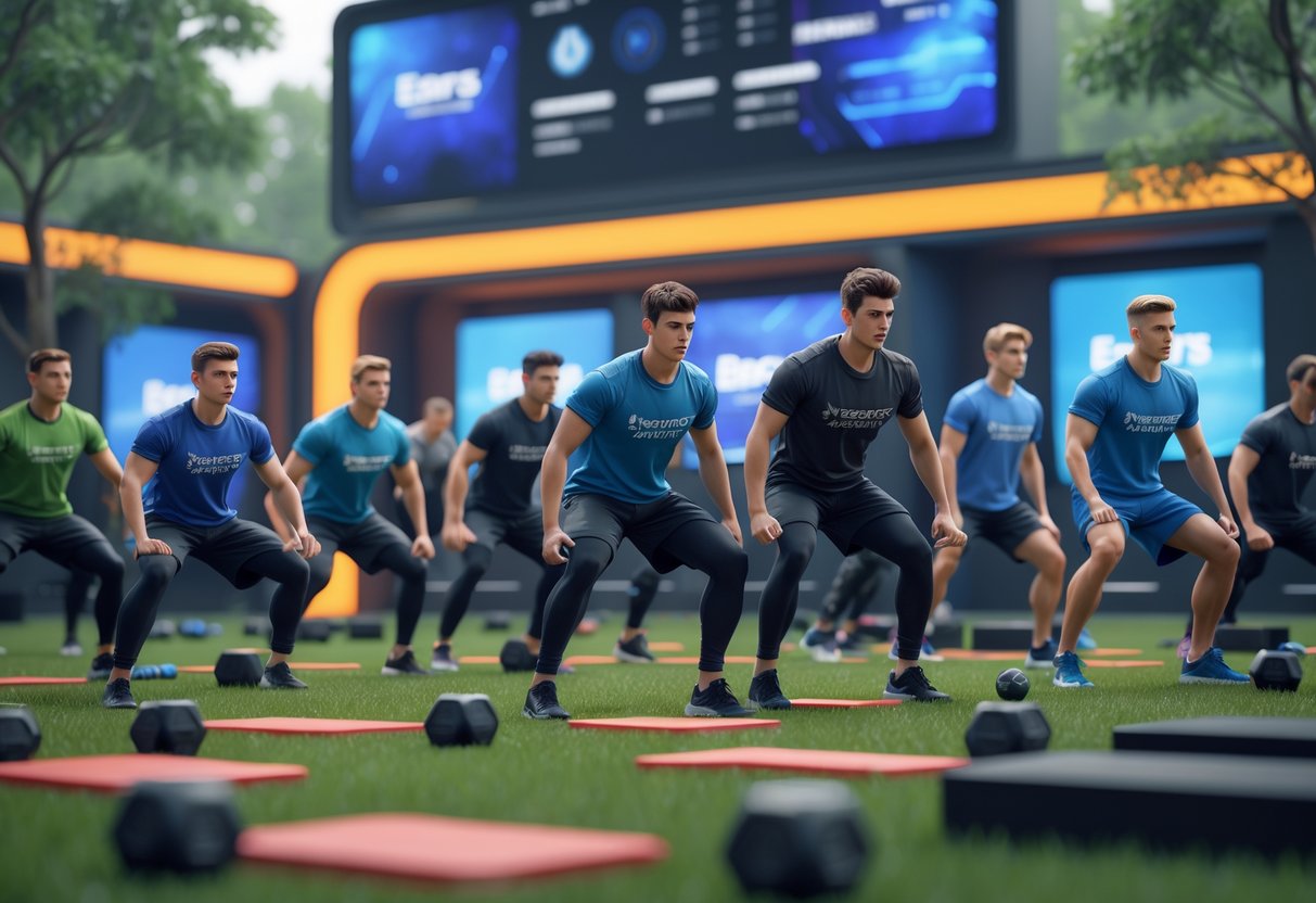 A group of people exercising outdoors in a bootcamp setting with fitness equipment and digital screens showing esports graphics.