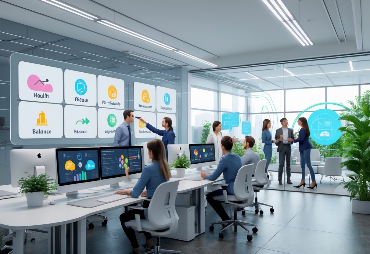 A modern office with team members collaborating around desks and digital screens showing icons representing various benefits.