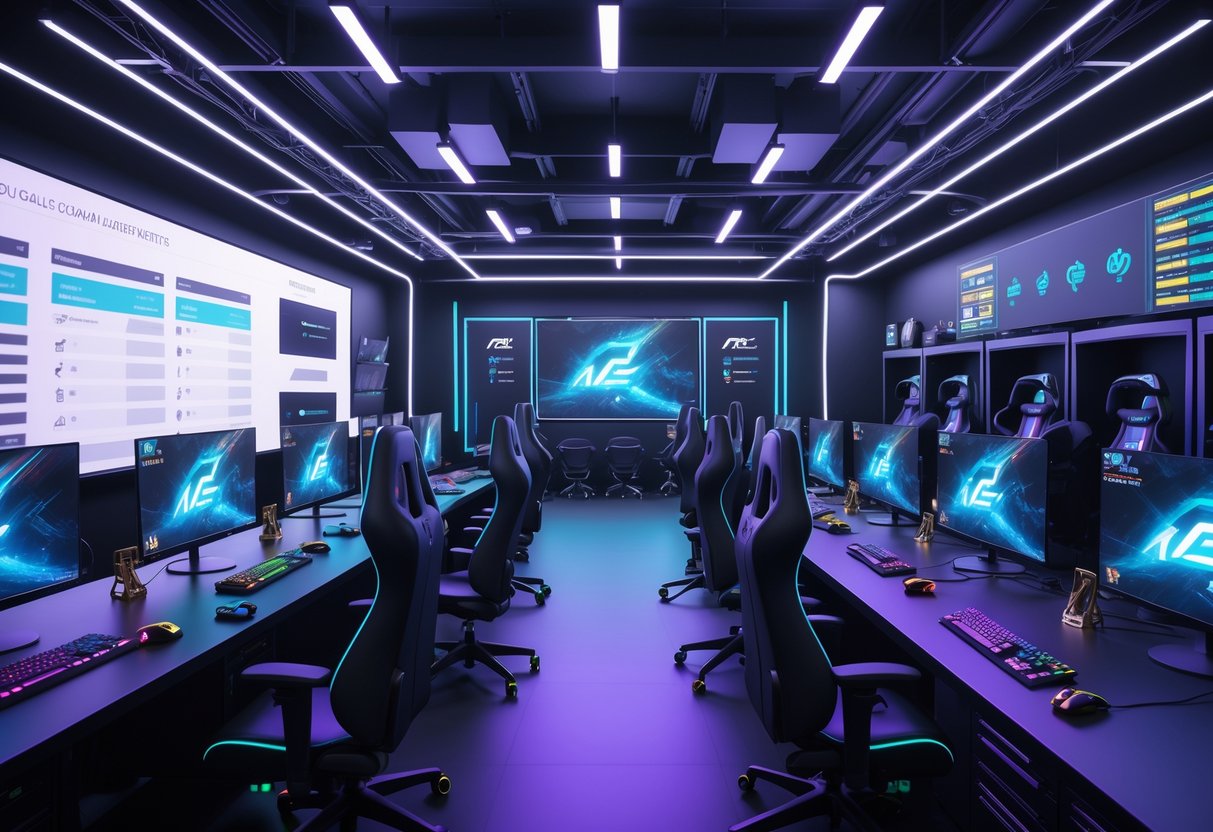 A 3D rendered esports bootcamp facility with rows of gaming PCs, ergonomic chairs, a strategy room with digital whiteboards, a lounge area with VR headsets, and large screens showing gameplay.