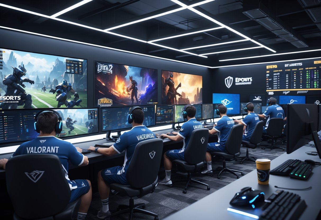 A gaming bootcamp room with professional esports players at computers playing popular esports games, collaborating and strategizing in a high-tech environment.