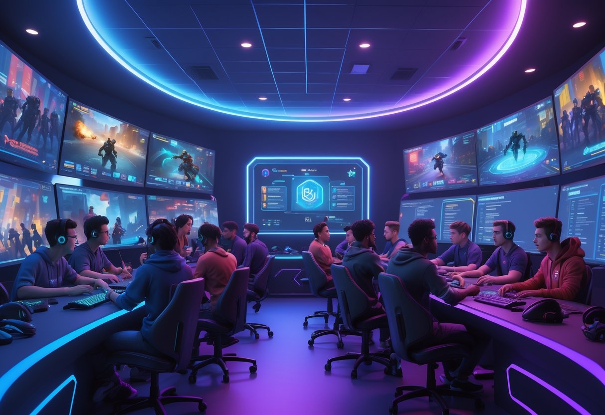 A group of people interacting in a high-tech gaming lounge with multiple monitors showing esports gameplay and digital displays, highlighting teamwork and social interaction.