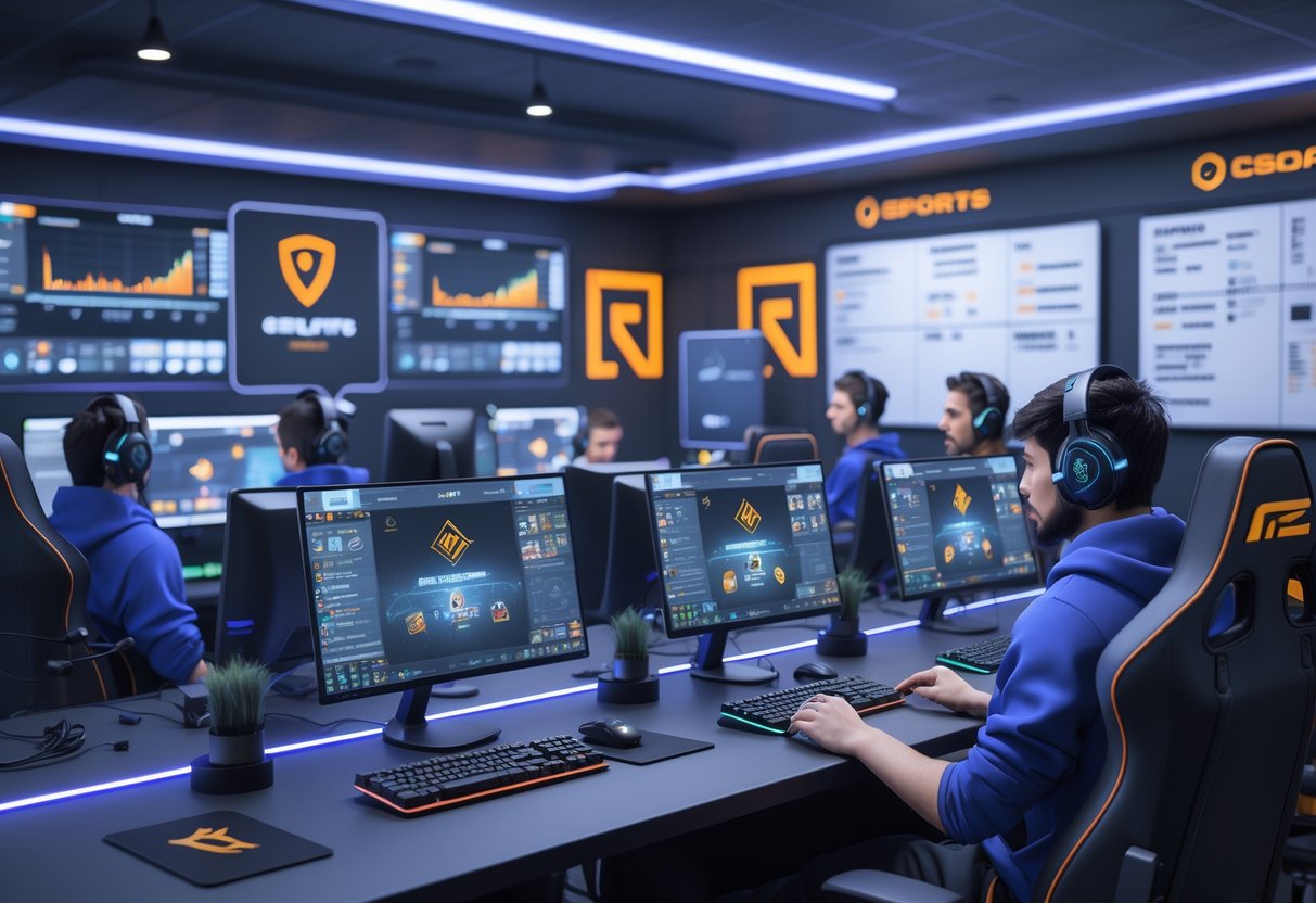 A 3D scene of an esports bootcamp with gamers playing on computers, coaches discussing strategies, and a high-tech training room with gaming equipment and holographic displays.