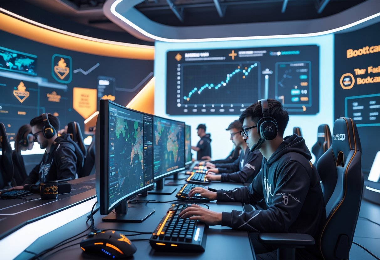 A 3D scene of professional gamers training in a high-tech esports facility with coaches guiding them and digital screens showing game strategies.