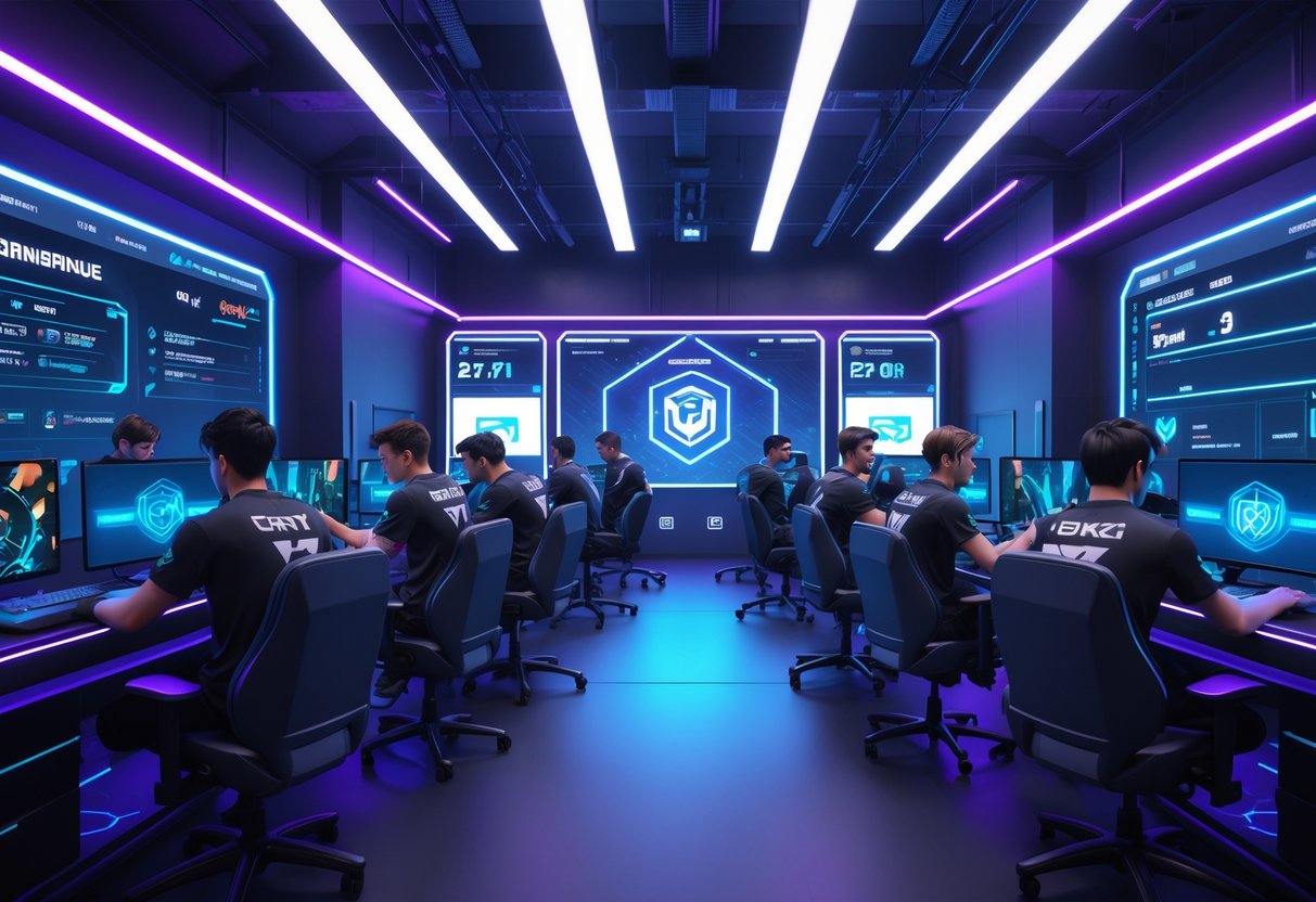 A futuristic esports training facility with gamers using advanced equipment and holographic displays, working together in a high-tech environment.