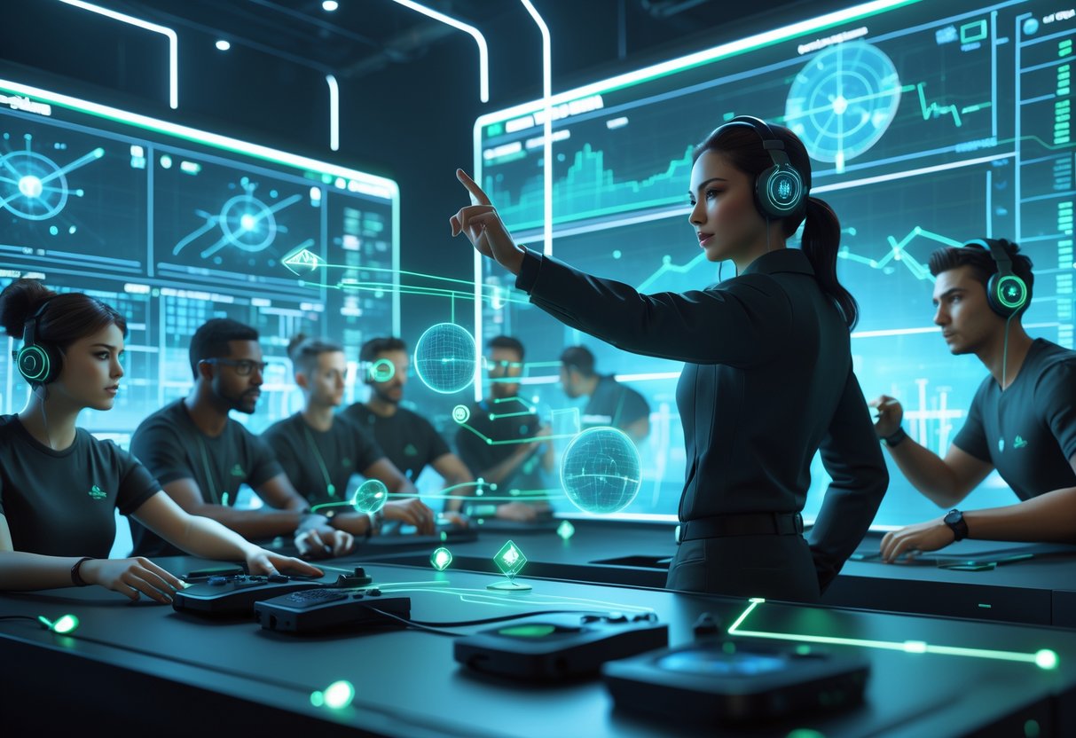 A team leader directs teammates in a futuristic command centre with holographic tactical maps and data displays, showing a moment of strategic planning and coordination.