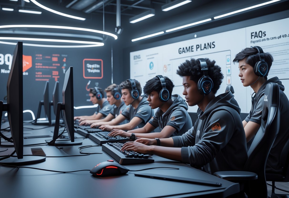 A 3D scene showing a modern esports bootcamp with players training at gaming stations and discussing strategies around a digital whiteboard.