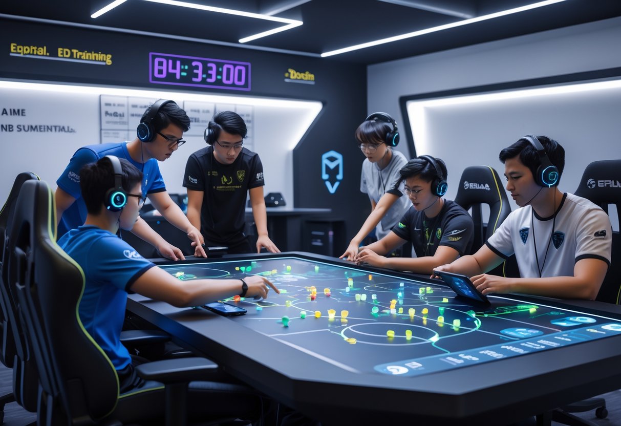 A group of players gathered around a digital table studying a game map, practicing team strategy in a high-tech room.