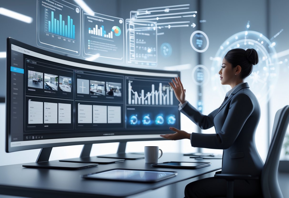 A person interacting with floating digital screens showing video clips and charts in a modern office setting focused on video analysis.