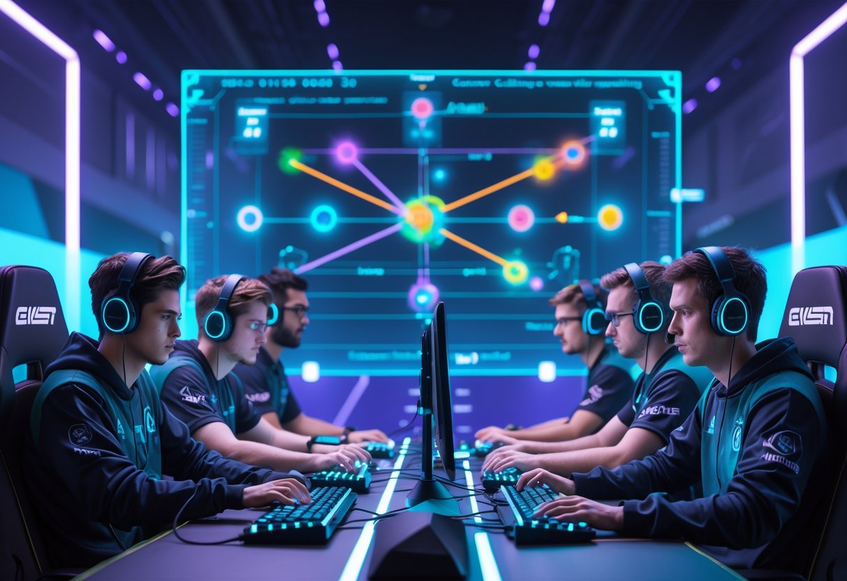 A group of five focused esports players communicating around a holographic tactical map in a dimly lit gaming arena.