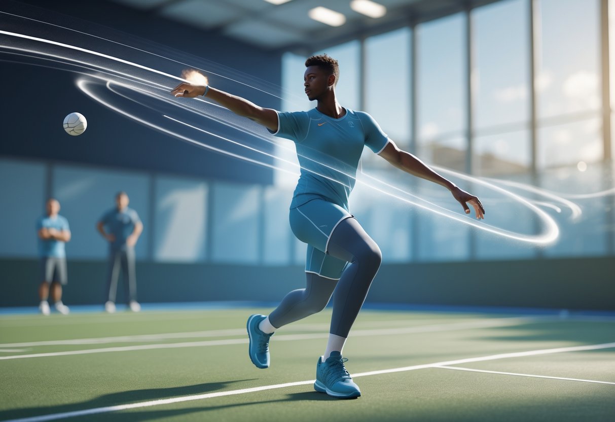 An athlete completing a follow-through motion after a shot on a sports field with a coach watching nearby.