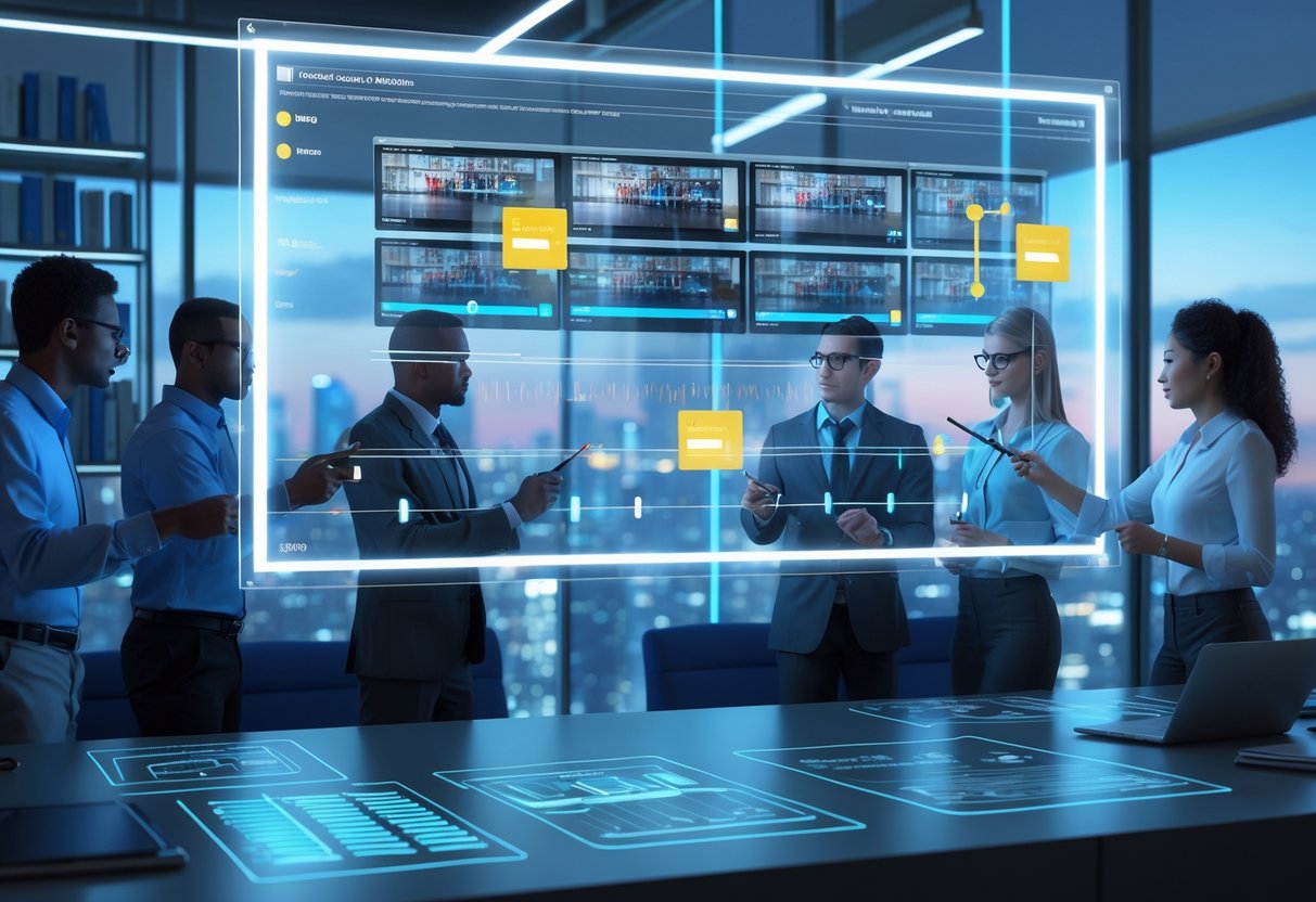 A group of people analysing video content on a large floating digital screen in a modern workspace, highlighting mistakes and missed opportunities.
