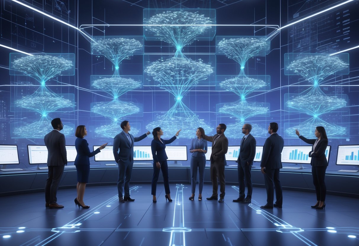 A group of people in a futuristic room examining holographic screens showing branching decision trees and alternative outcomes.