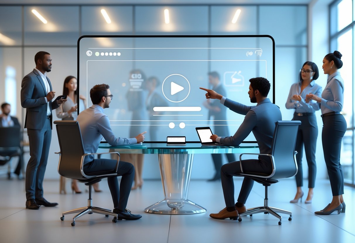 A group of professionals in an office watching a video playback on a transparent screen and discussing feedback together.