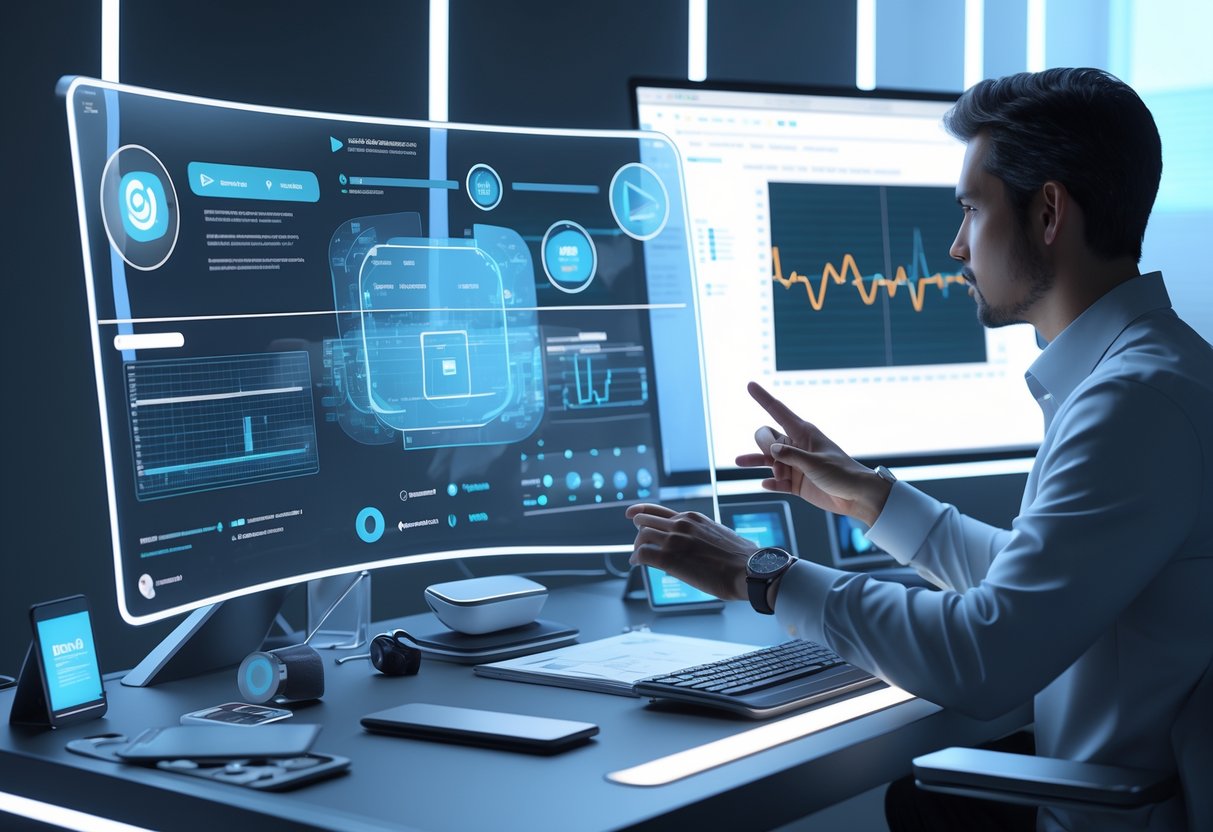 A person using holographic screens and advanced technology to analyse video content in a modern workspace.