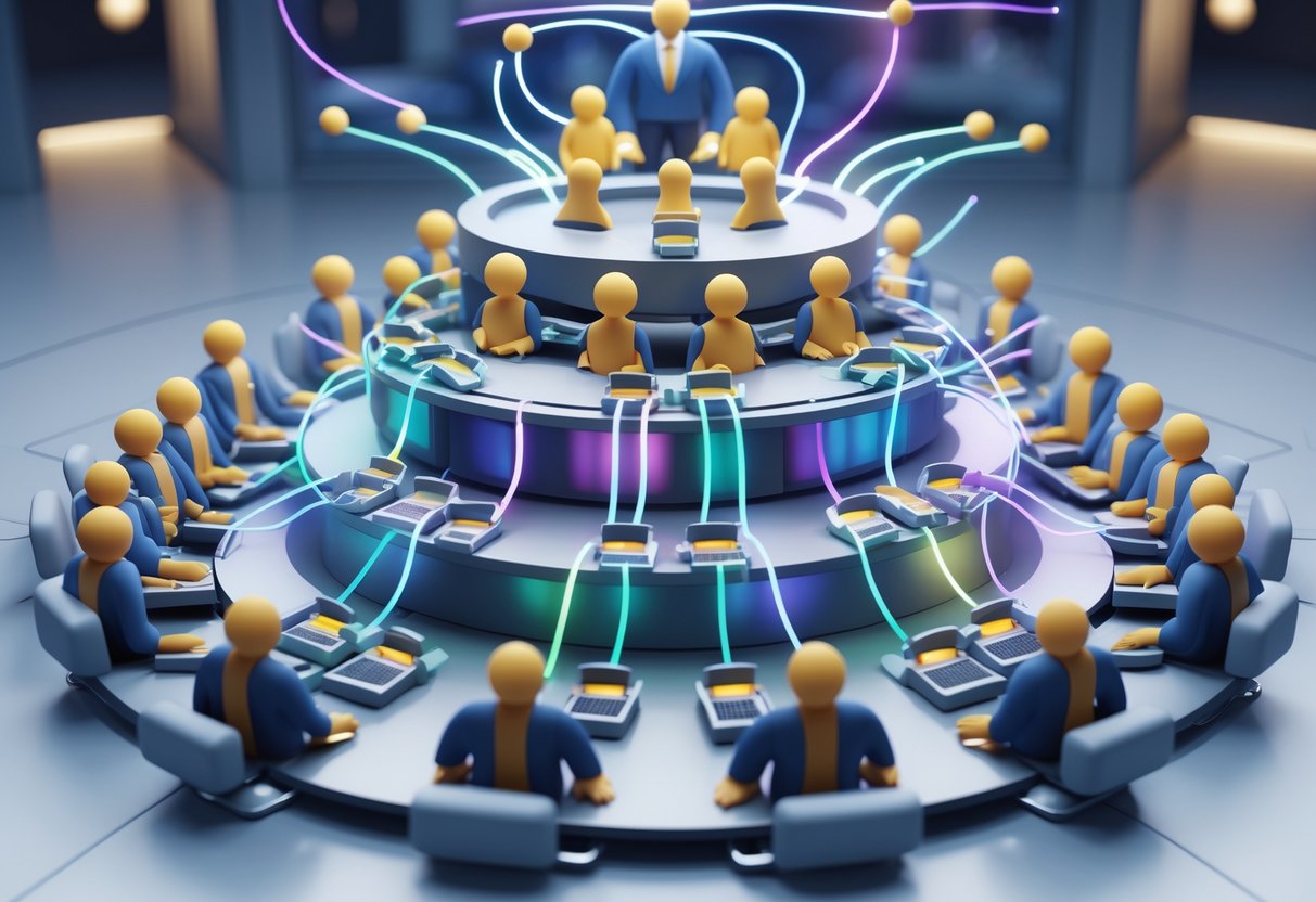 A 3D scene showing a hierarchy of team communication with groups of people connected by glowing lines, representing different levels of a corporate team structure.