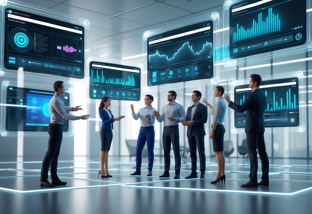 A futuristic office scene with people interacting with floating digital screens showing video timelines and charts related to video review challenges and solutions.