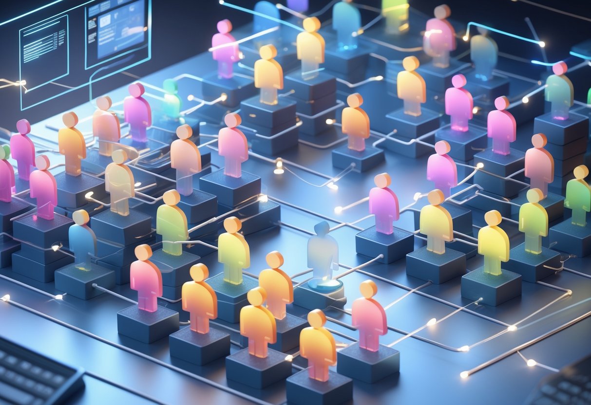 A 3D scene showing groups of people at different levels connected by glowing lines representing communication flows within an organisation.