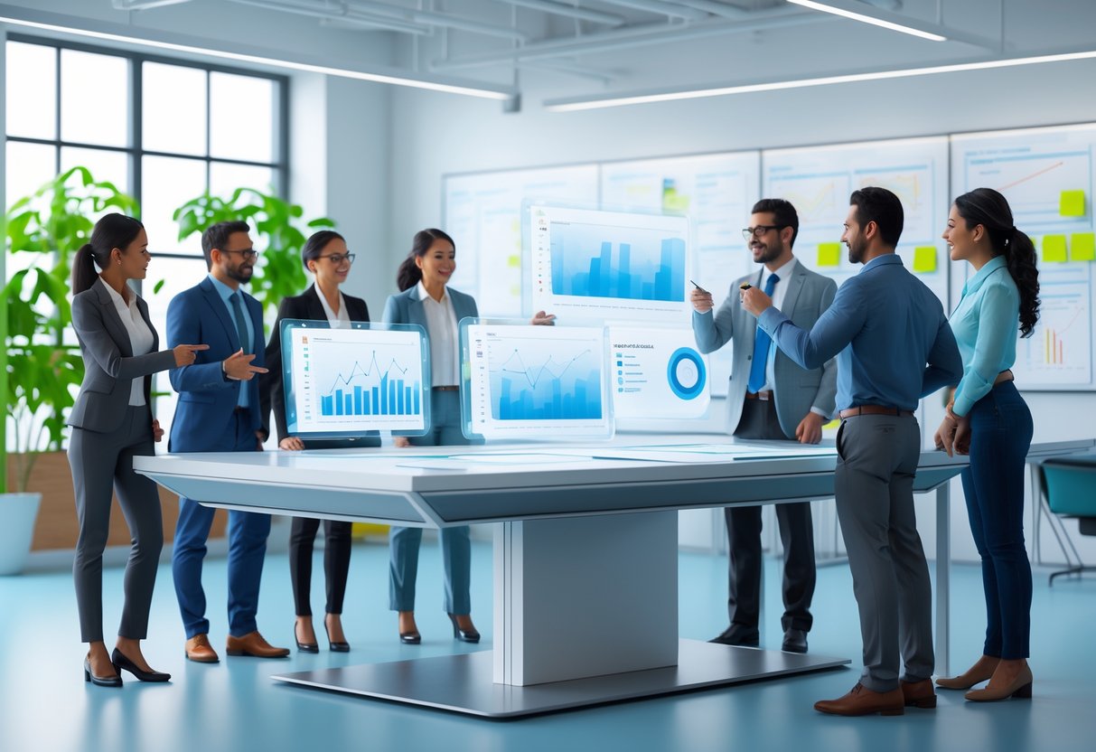 A group of people working together around a desk with holographic screens showing graphs and video controls in a bright office.