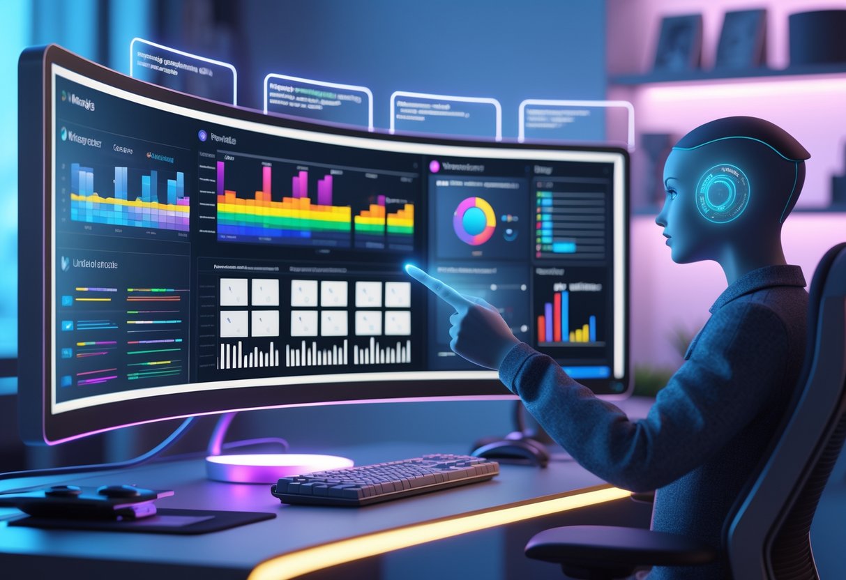 A 3D scene of a modern workspace with a large curved monitor showing video thumbnails and timelines, floating panels with charts and checklists, and a digital assistant avatar pointing at data.