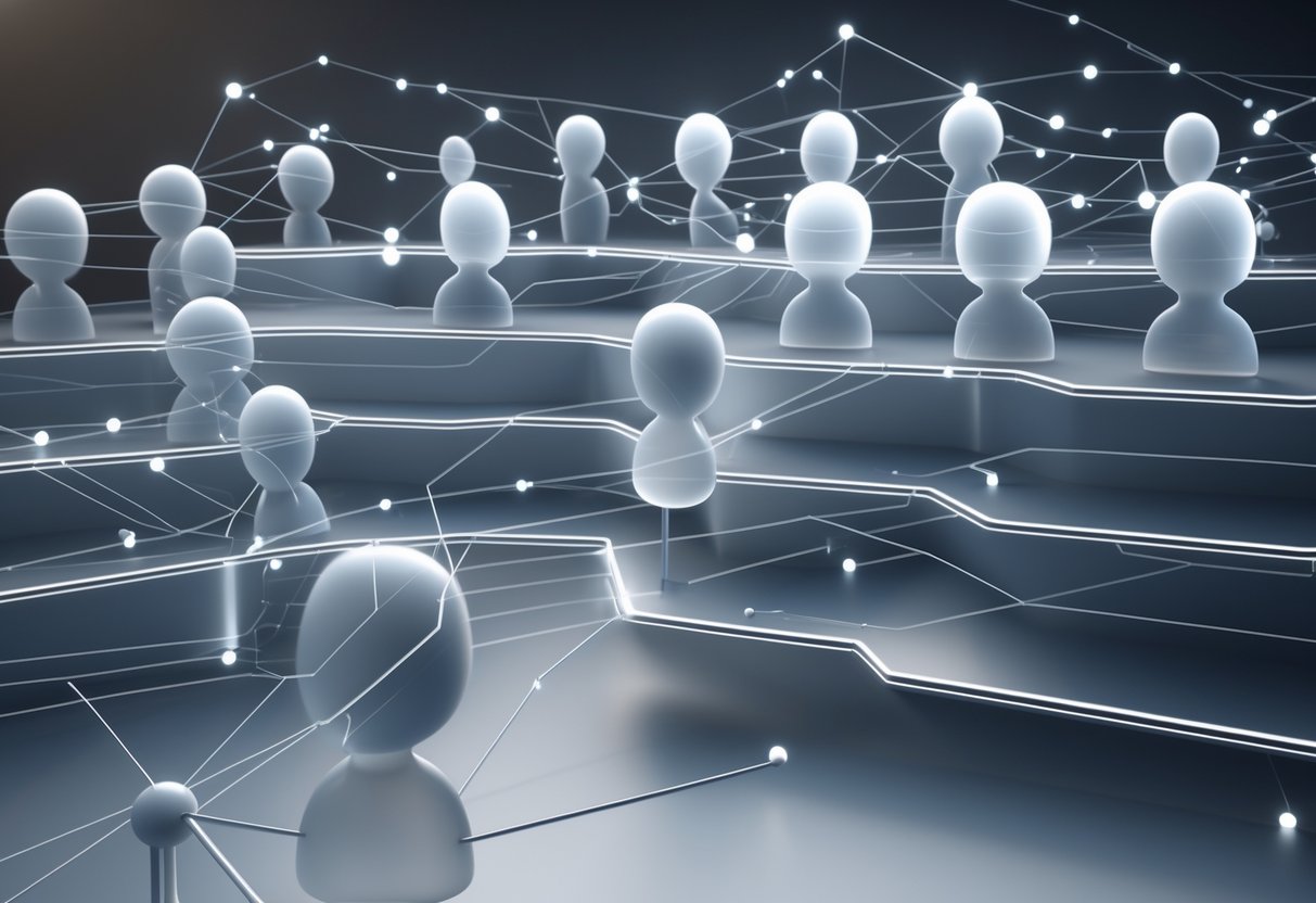 A 3D scene showing groups of people arranged in layers connected by lines and arrows, representing communication between different teams in a hierarchy.