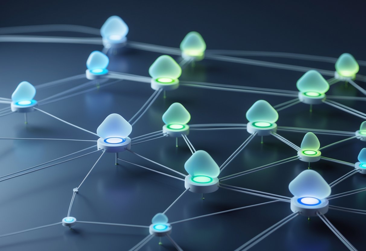 A 3D visualisation of a glowing network of connected nodes and lines forming a hierarchical structure representing communication between teams.