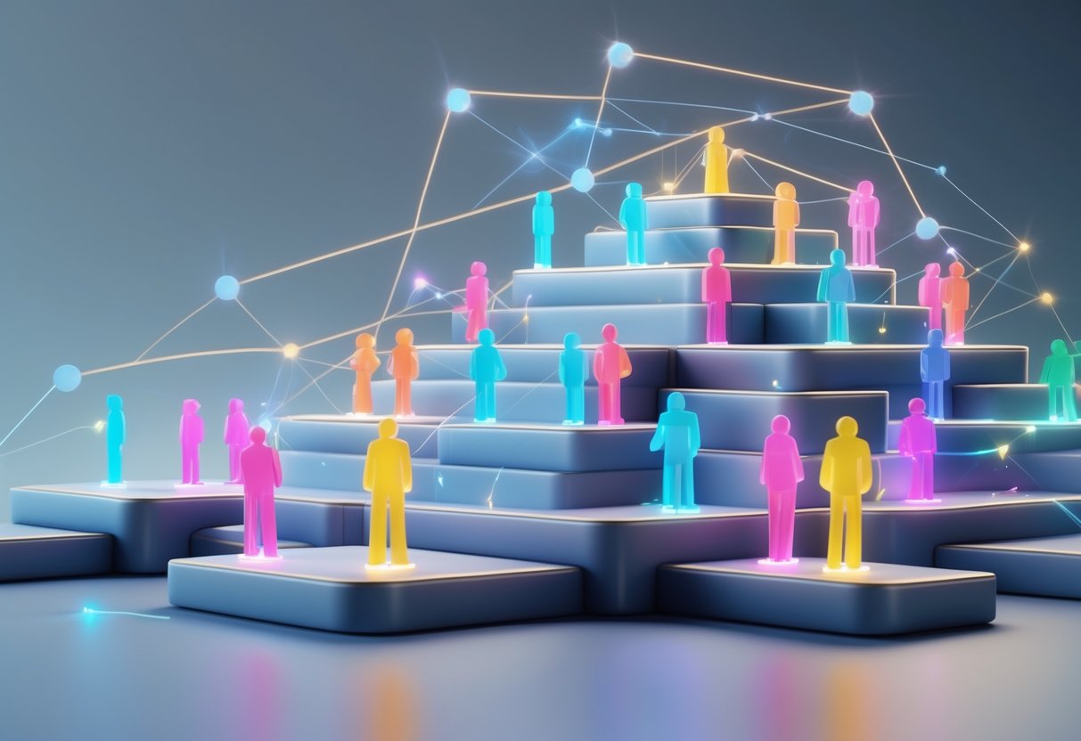 A 3D scene showing several groups of people on different levels connected by glowing lines, representing a communication hierarchy in a corporate setting.