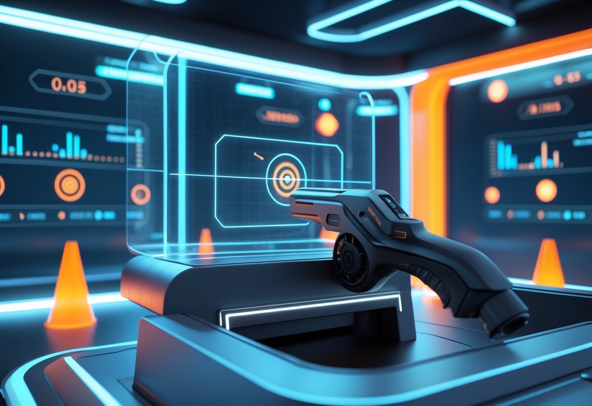 A futuristic 3D scene of a high-tech aim training setup with floating holographic targets and digital screens showing training progress.