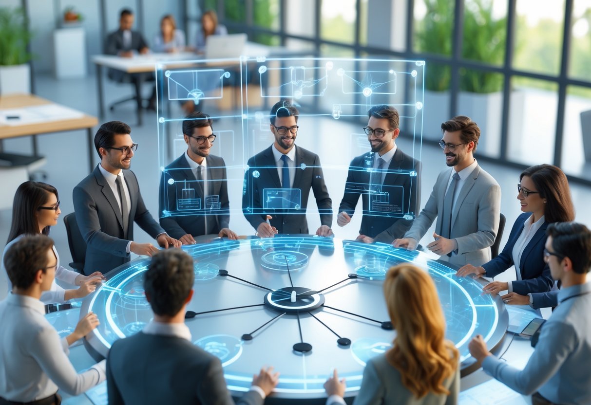A group of professionals working together around a table with digital screens showing communication connections and team structure in a modern office.