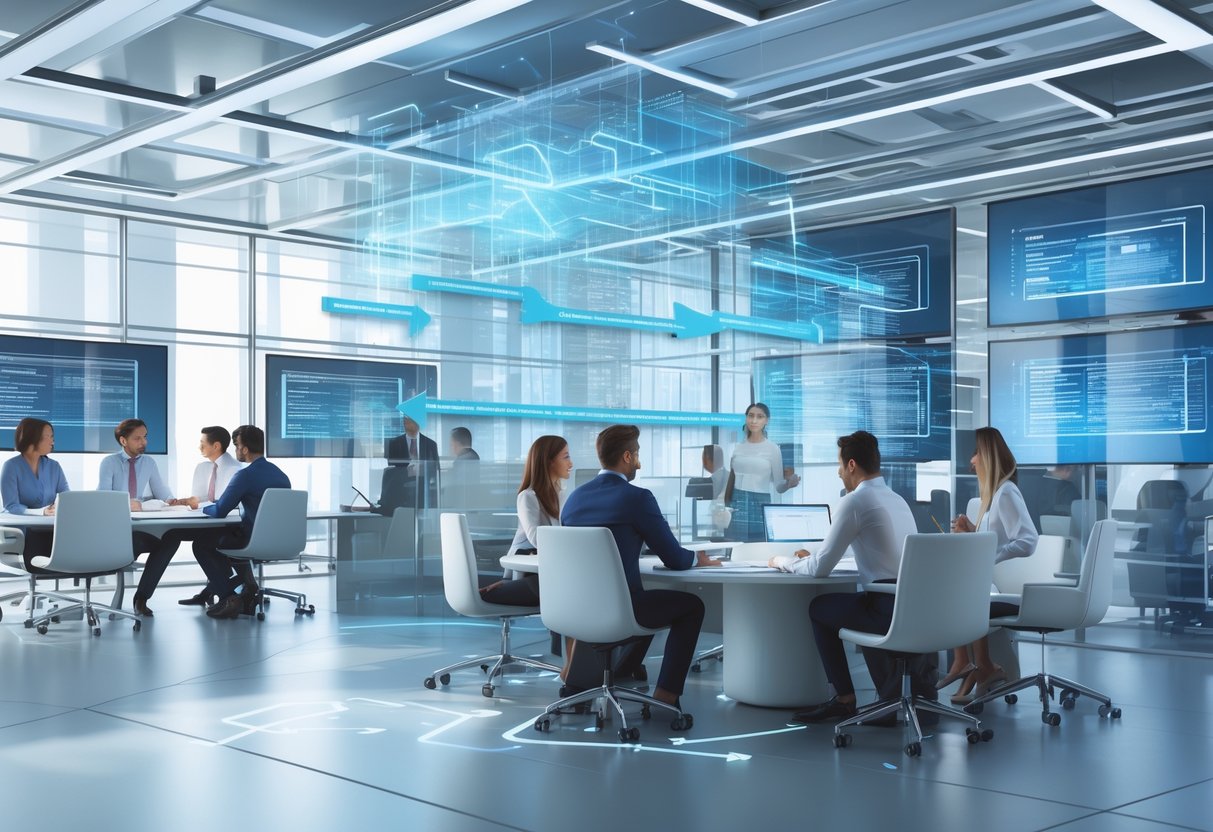 A 3D scene showing diverse office teams communicating and collaborating within a modern workplace, with visual layers representing communication flow across organisational levels.