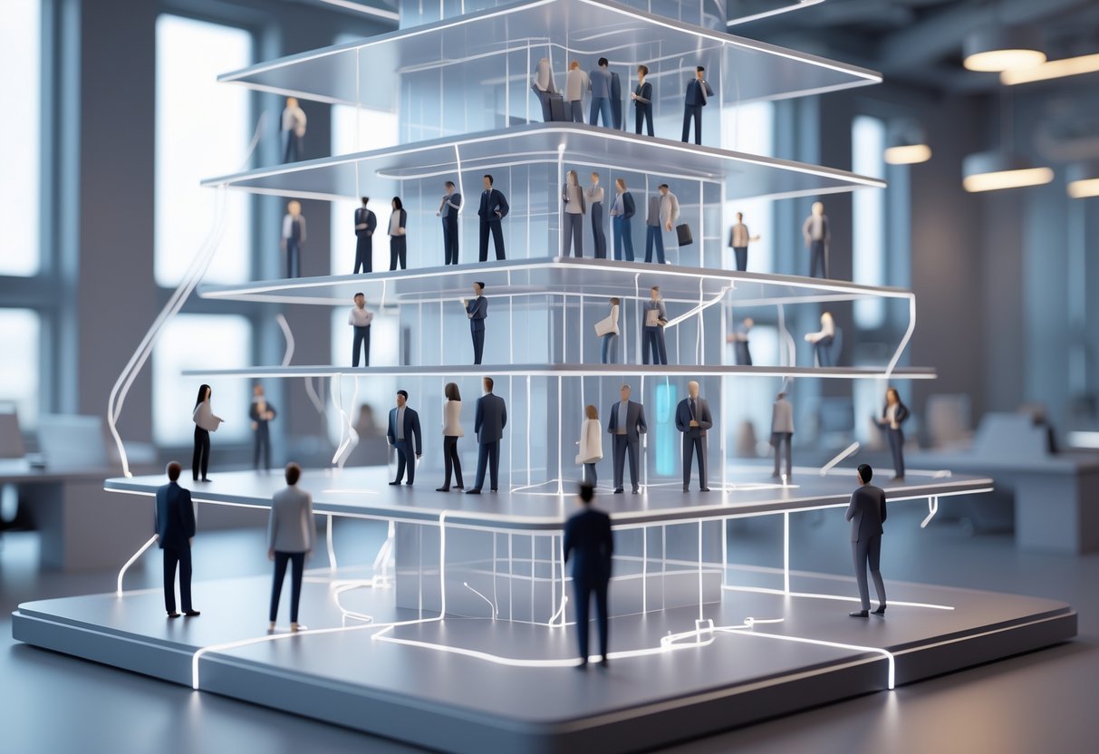 A 3D scene showing multiple levels of teams connected by glowing lines, representing communication flow within a hierarchy.