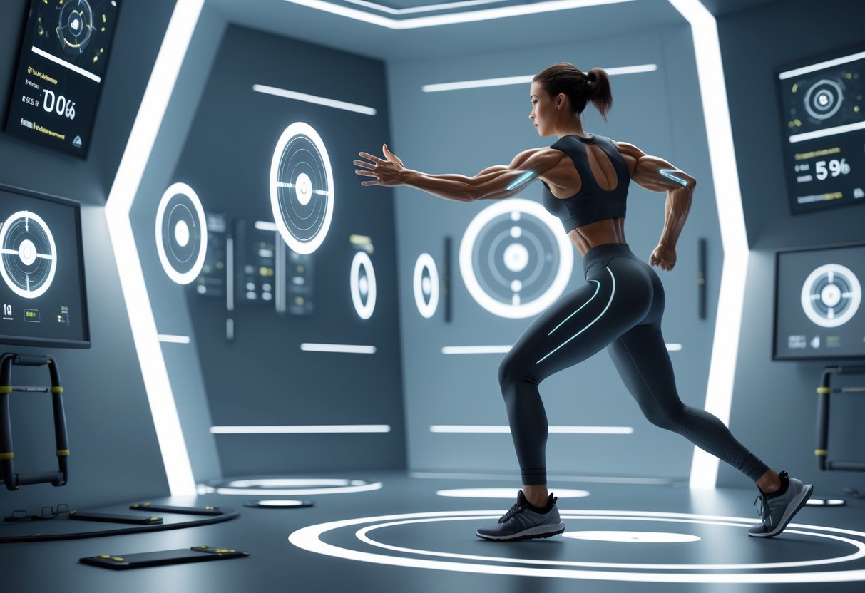 A person in a modern training room interacting with floating targets to improve reaction time and muscle memory, surrounded by advanced exercise equipment and digital performance displays.