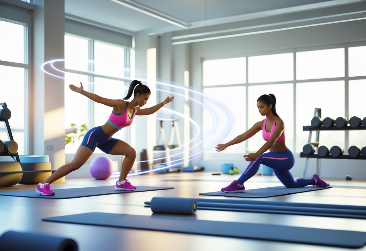 Two people in a gym performing warm-up and cool-down exercises with gym equipment around them.