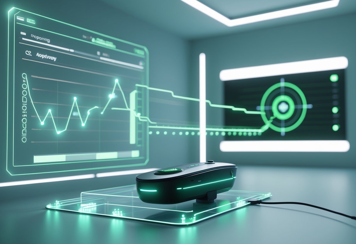 A futuristic training room with holographic charts and a digital dashboard showing progress metrics next to an aiming device and a virtual target practice screen.