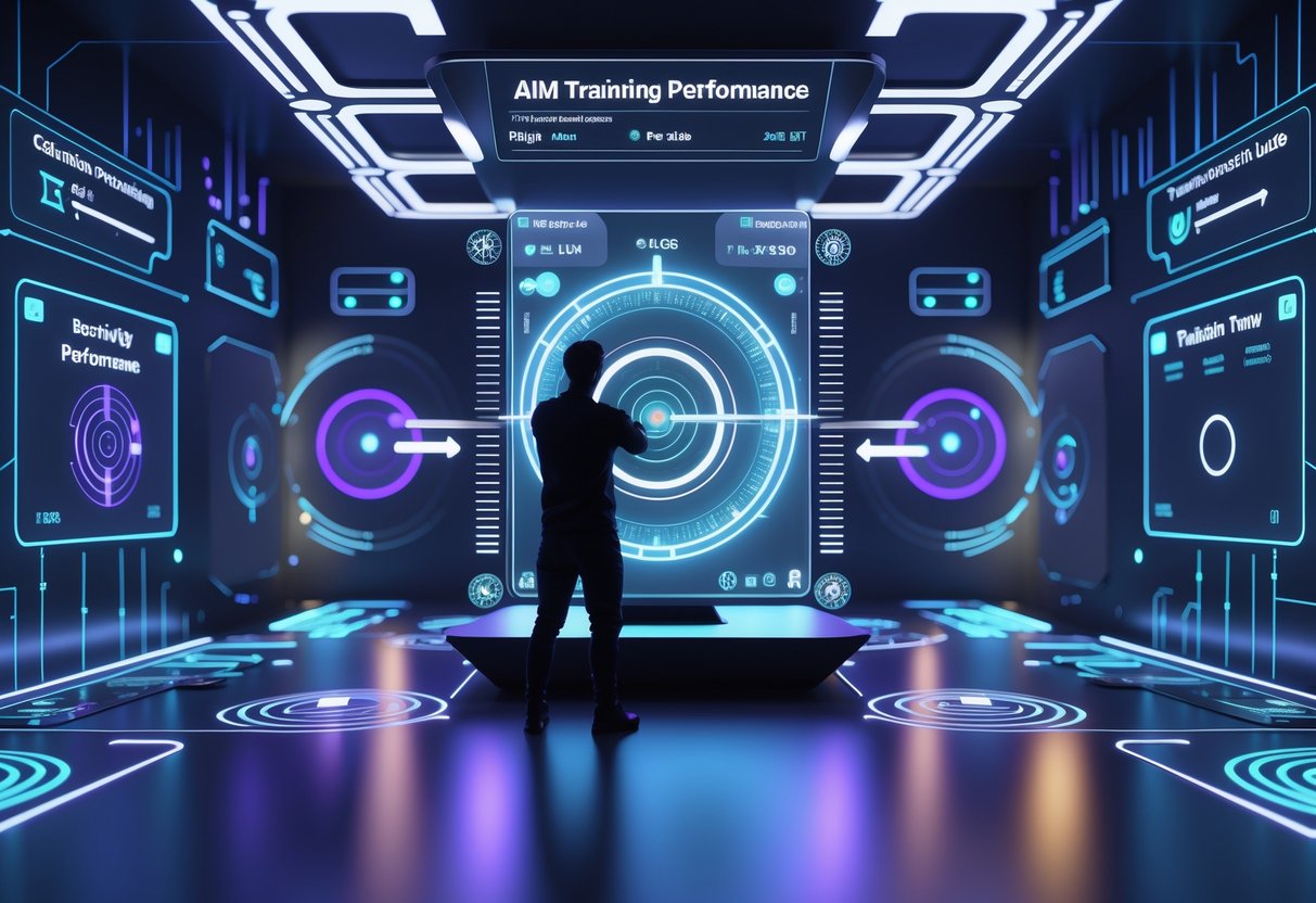 A person adjusting virtual controls in a futuristic training room with glowing targets and digital panels around them.