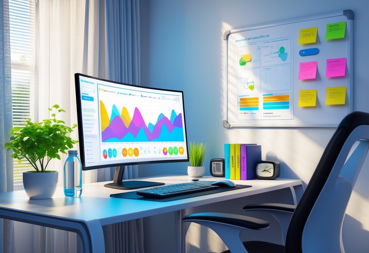 A modern home office with a desk, curved monitor showing colourful charts, ergonomic chair, potted plant, water bottle, books, and a window letting in natural light.