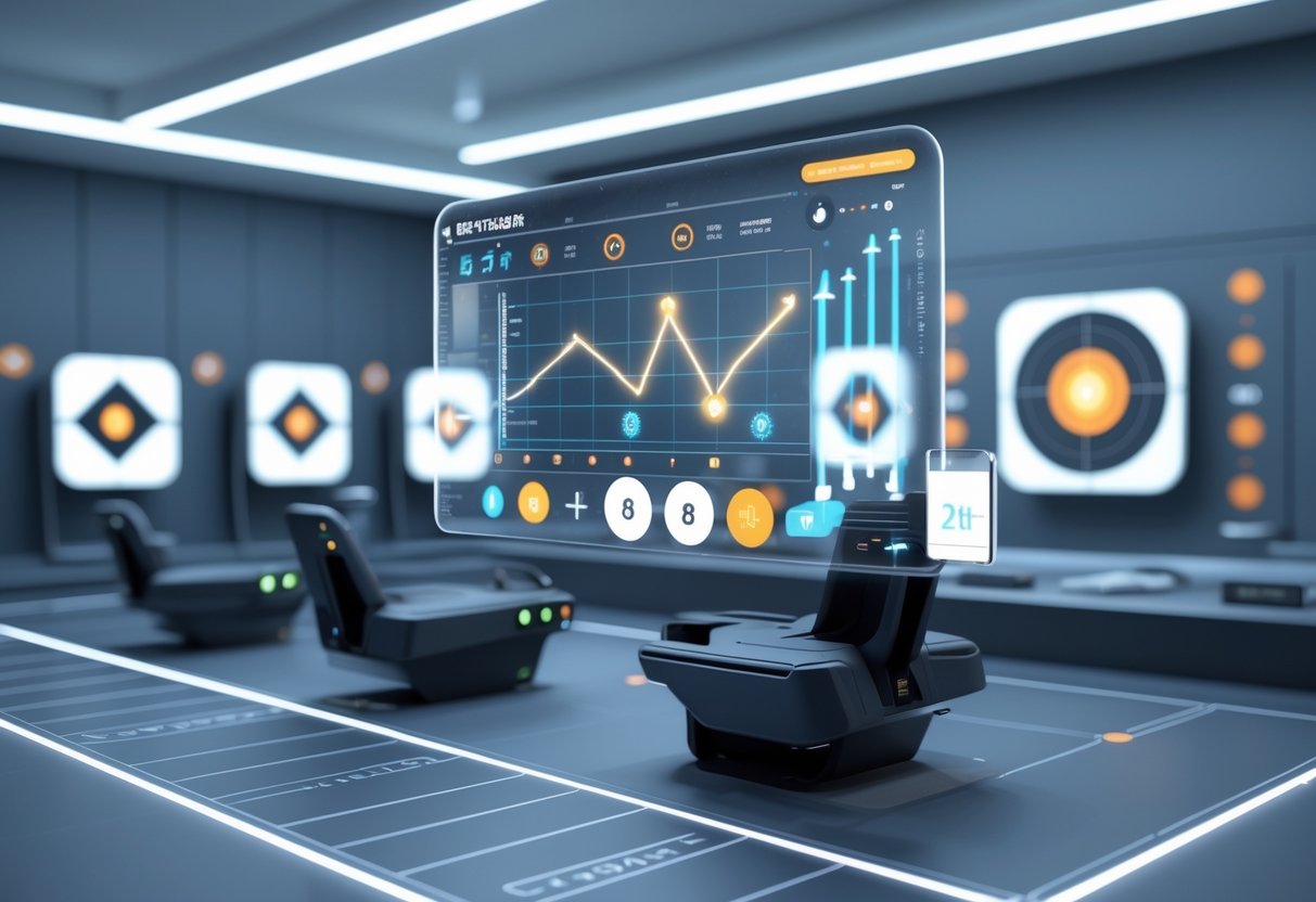 A 3D scene of a futuristic shooting range with digital targets and a floating holographic interface showing training data and progress.