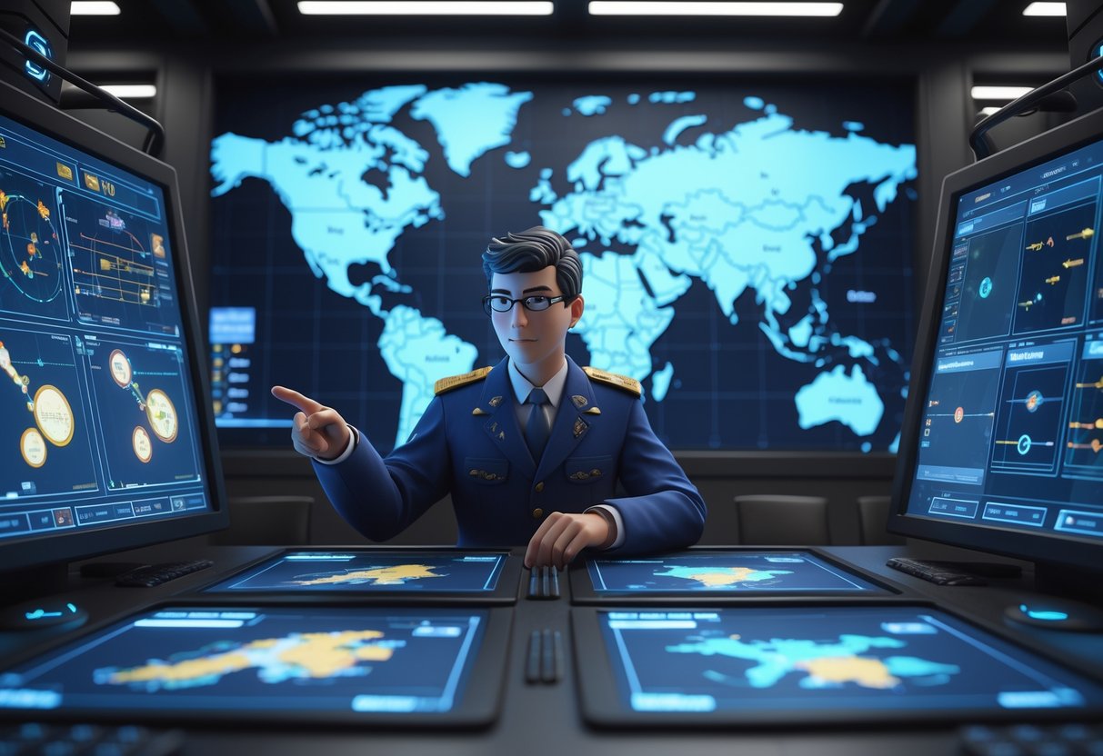 A person in a futuristic control room studies holographic maps and graphs, planning strategies for a complex game.