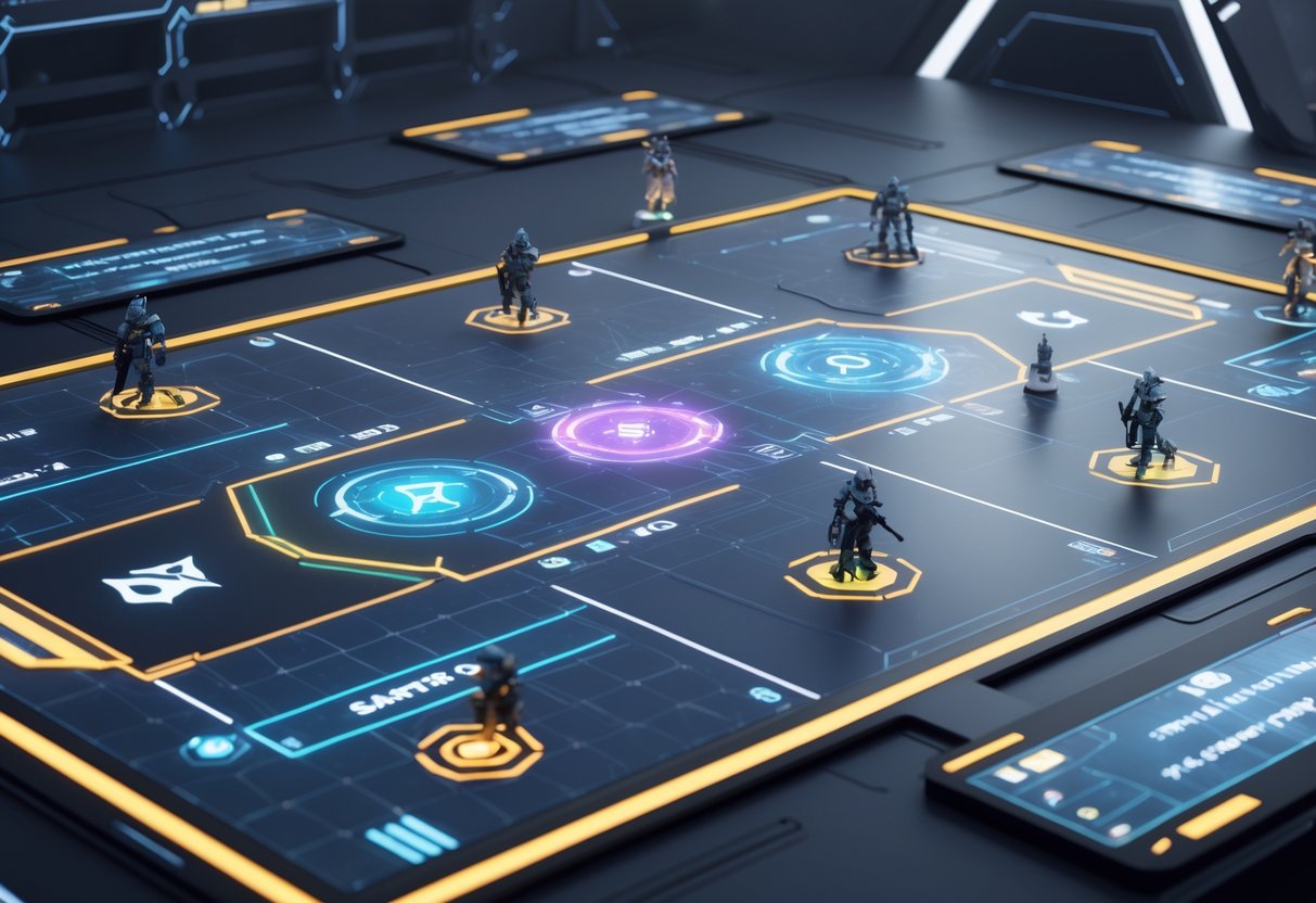 A 3D scene showing a futuristic game board with colour-coded zones and player avatars positioned to represent different team roles in a strategic game.