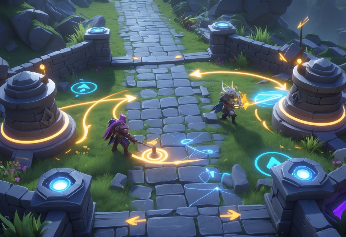 Top-down view of two gaming characters positioned on a lane near a turret, showing teamwork and strategic movement in a multiplayer battle arena game.