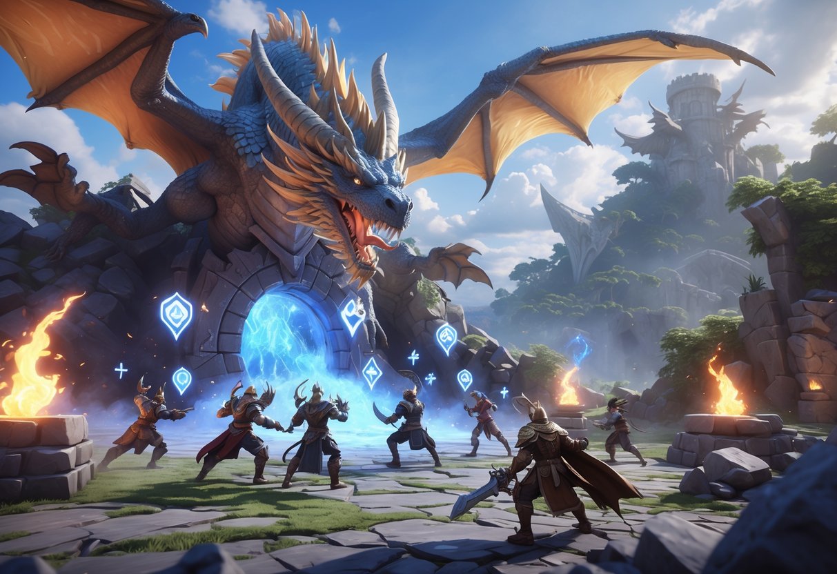 A group of champions near a glowing dragon lair with a large dragon emerging, set on a detailed battlefield with towers and jungle areas.