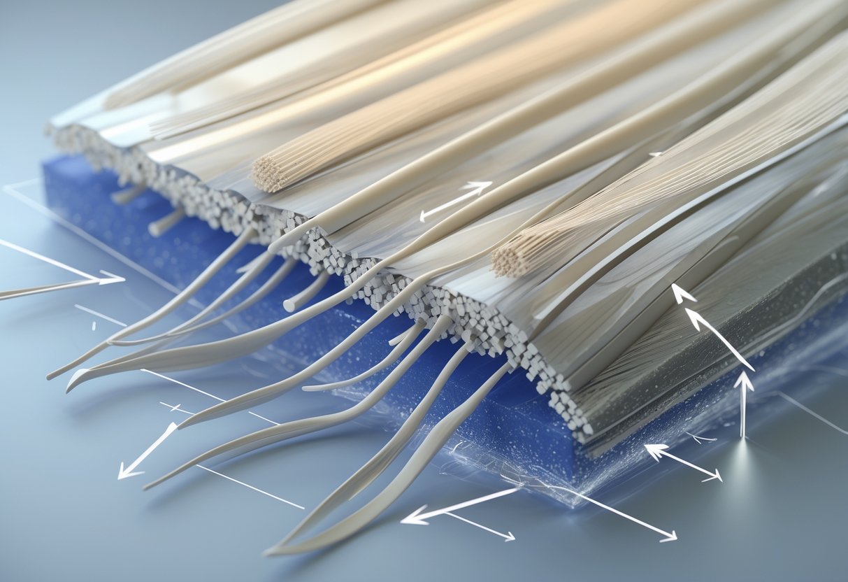 Close-up 3D view of fibres embedded in a polymer matrix showing the internal structure of composite materials with arrows indicating mechanical stresses.