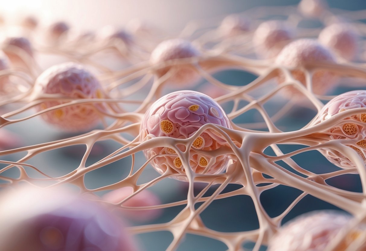 Close-up 3D view of interconnected cells and fibrous networks within biological tissue showing detailed microscopic structures.