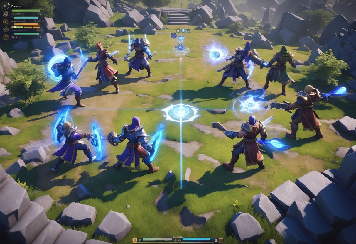 A battle scene showing two teams of heroes fighting together on a detailed outdoor battlefield, with characters using different abilities and working as a group.