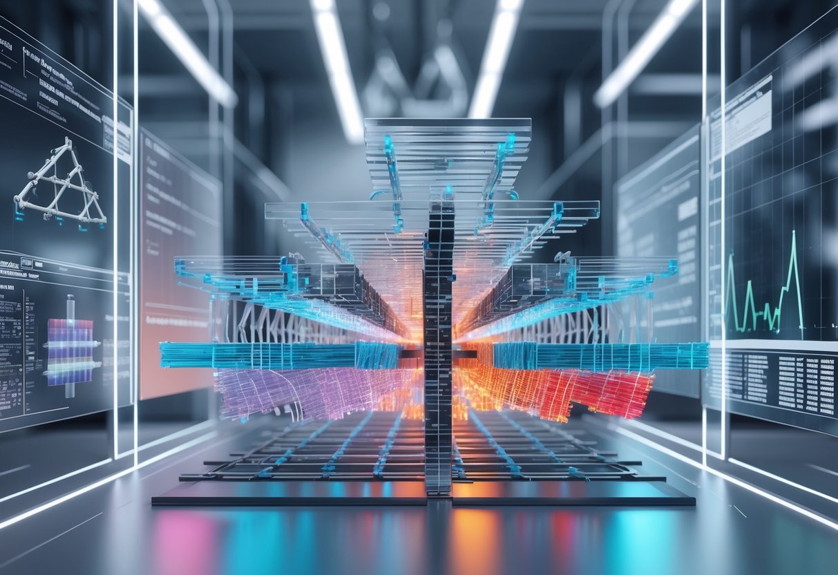 Close-up view of a microscopic mechanical structure showing interconnected components with colour-coded stress patterns and holographic data panels displaying graphs and formulas in a laboratory setting.