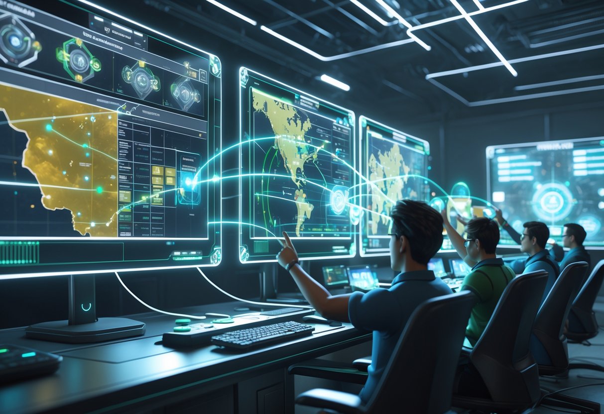 A futuristic command centre with holographic maps and players interacting with digital displays to plan strategy and resource management.
