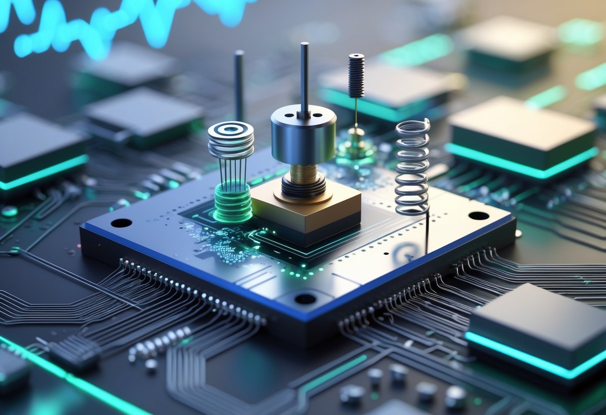 Close-up 3D view of a micro-scale sensor device showing tiny mechanical components like microgears and springs integrated on a silicon chip with circuit pathways and glowing data signals around it.